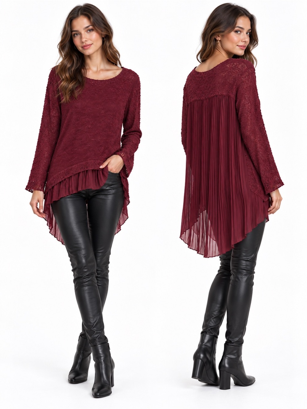 LF Millau Burgundy knit w/ Sheer Pleated High-Low Back & Bottom Size Small